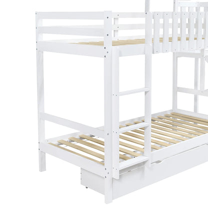 Kinder Stapelbed – Kinderbed – Bunkbed – Hoogslaper – Stapelbed Met Glijbaan – Wit – 90x200 cm – Grote Lade Op Wieltjes – Stevig Massief Hout