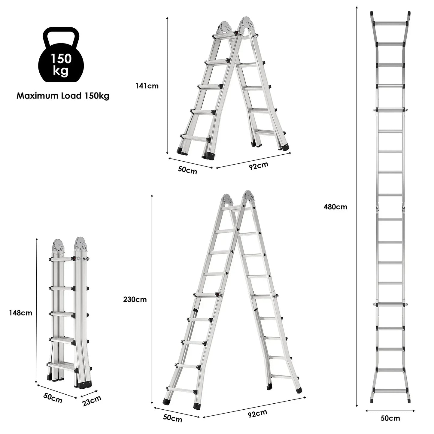 Telescopische Ladder – Vouwladder – Uitschuifladder – Aluminium Ladder – Lichte Ladder – Tot 4,8 Meter – Max 150 Kg Draagkracht