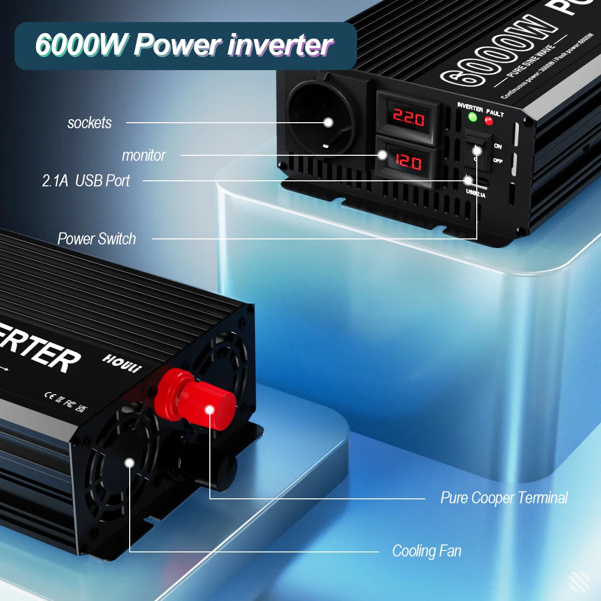 Power Inverter 5000W – Omvormer – Spanningsomzetter – Zuivere Sinusgolf Inverter – DC naar AC Converter – Zuivere Sinusgolf – LED Display – Aluminium Behuizing