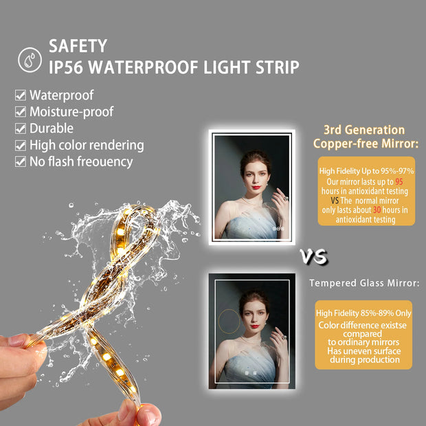 Badkamerspiegel - Badkamerspiegel met Verlichting - LED - Antifog Functie - 3 Kleurinstellingen - IP65 Waterdicht - Horizontaal/Verticaal - 71.12x91.44cm - Zilver