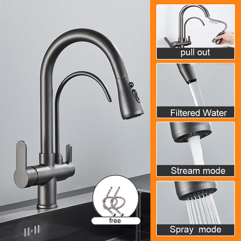 Keukenkraan - met Uittrekbare Uitloop - Twee Handgrepen - voor Koud - Warm Water - Vuistdouche - Drinkwater - en Keukenmixers - Zilver Grijs