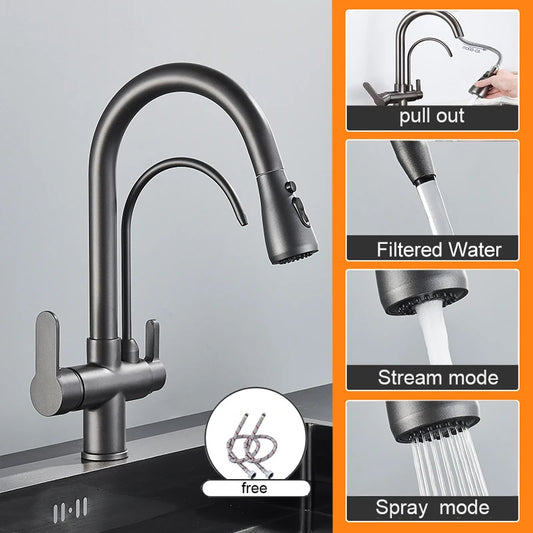 Keukenkraan - met Uittrekbare Uitloop - Twee Handgrepen - voor Koud - Warm Water - Vuistdouche - Drinkwater - en Keukenmixers - Zilver Grijs