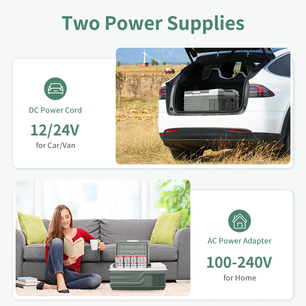 Mini Koelkast - Auto Koelkast - Draagbare Compressor Koelbox - Elektrische Vriesbox - met Veiligheidssleuven voor Vastbinden - voor Camping - Auto - Vrachtwagen - Boot - 15L - 100V~240V AC - 12/24 DC - 60.2 x 32.8 x 26.3 cm - Groen