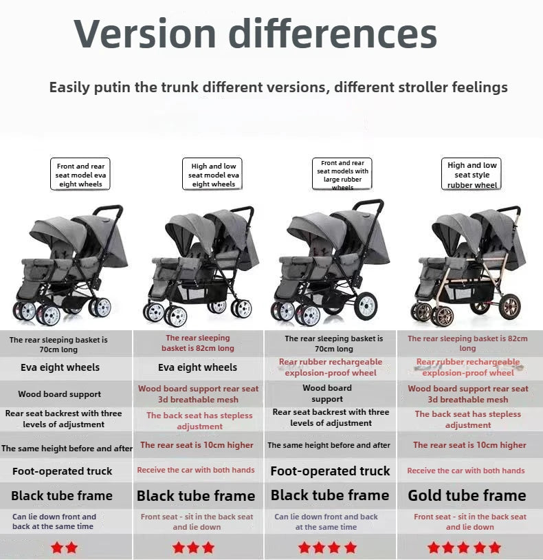 Duo Kinderwagen - Duo Buggy - Dubbele Buggy - Opvouwbare -  Verstelbare Rugleuning - Regenhoes - 72 × 42 × 97 cm - Grijs - QUORE