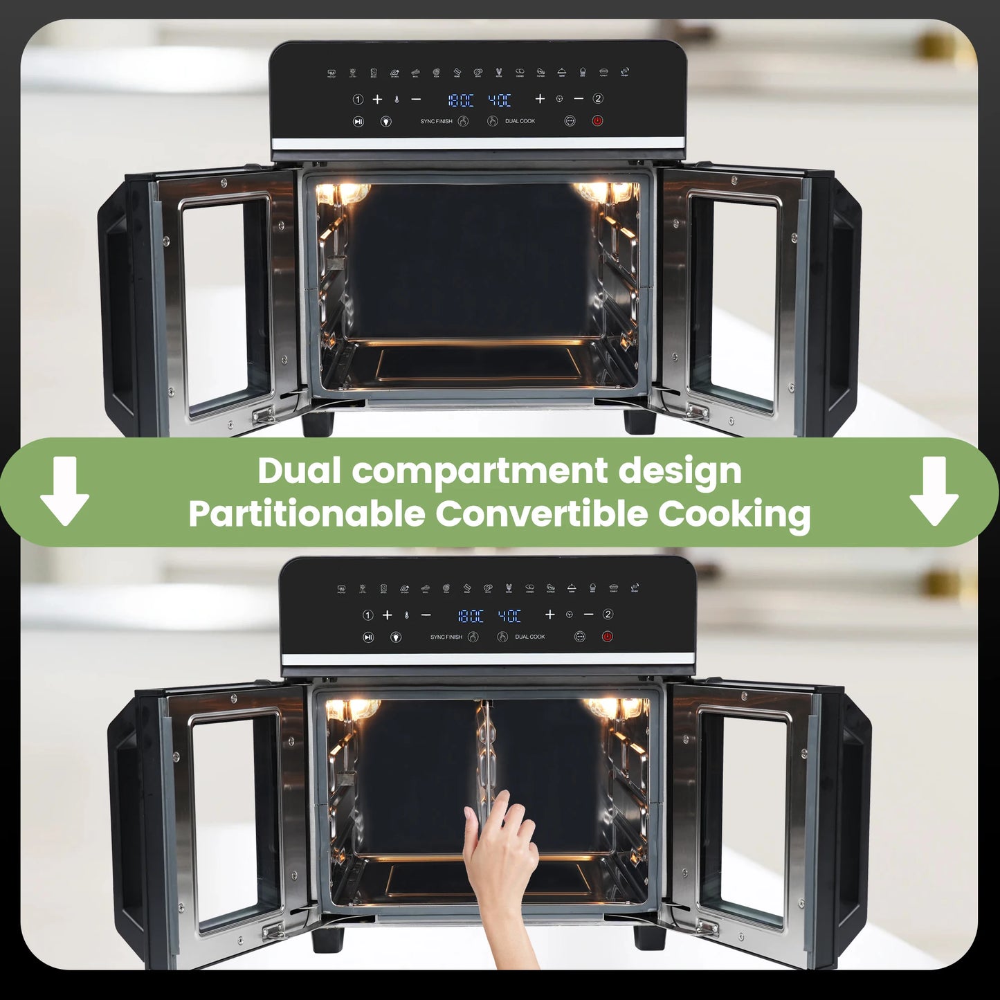 Heteluchtfriteuse – Airfryer - Airfryer Oven XXL - 23L - Dubbele Lades - 2200W - 240V - LED Touchscreen – 15 Programma’s - Kijkvenster - Zwart - QUORE