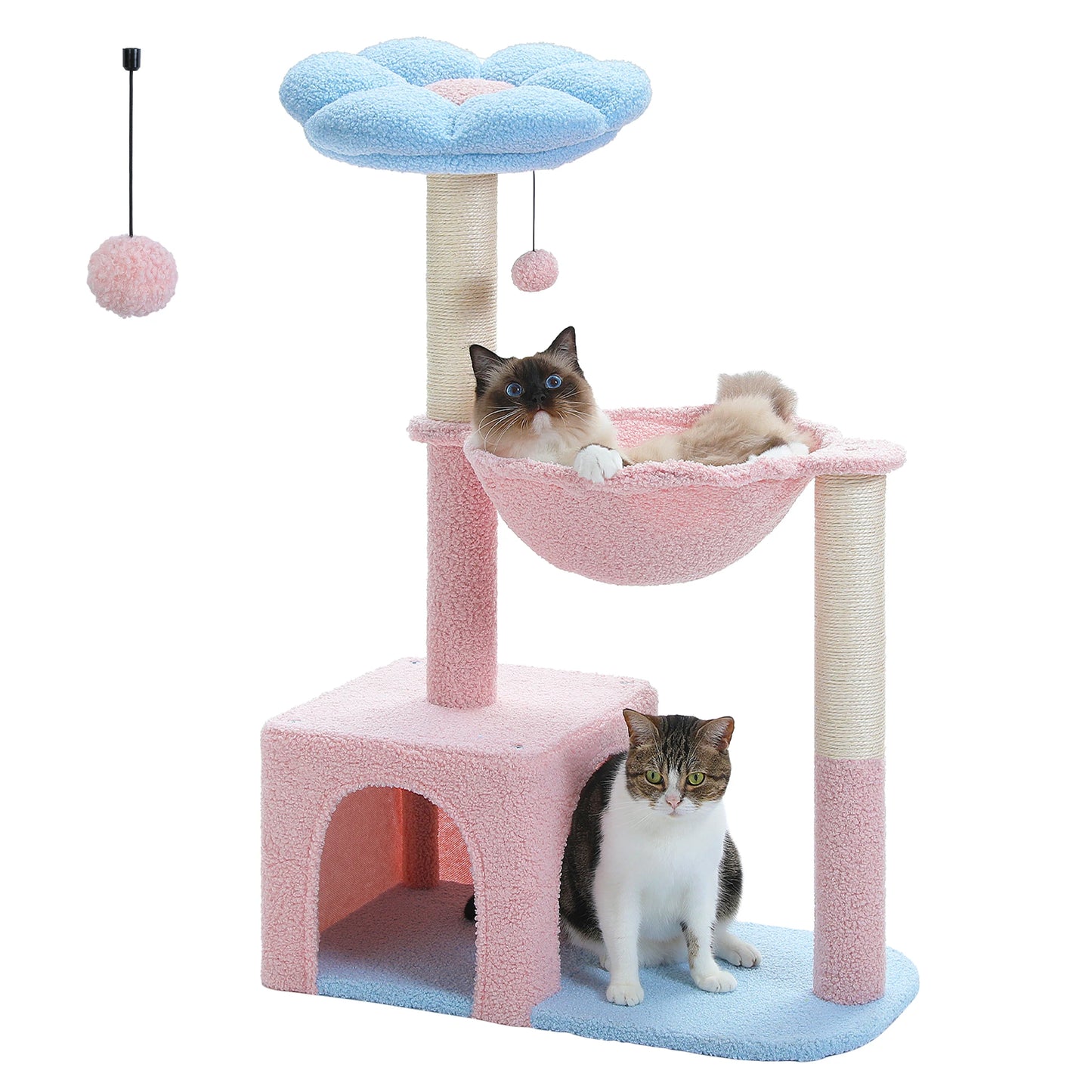 Kattenboom – met Bloem Ontwerp - Krabpaal - Stabiele Hangmat - Huis - Sisal Krabpalen - voor Kleine Binnenkatten - 89 cm - Blauw