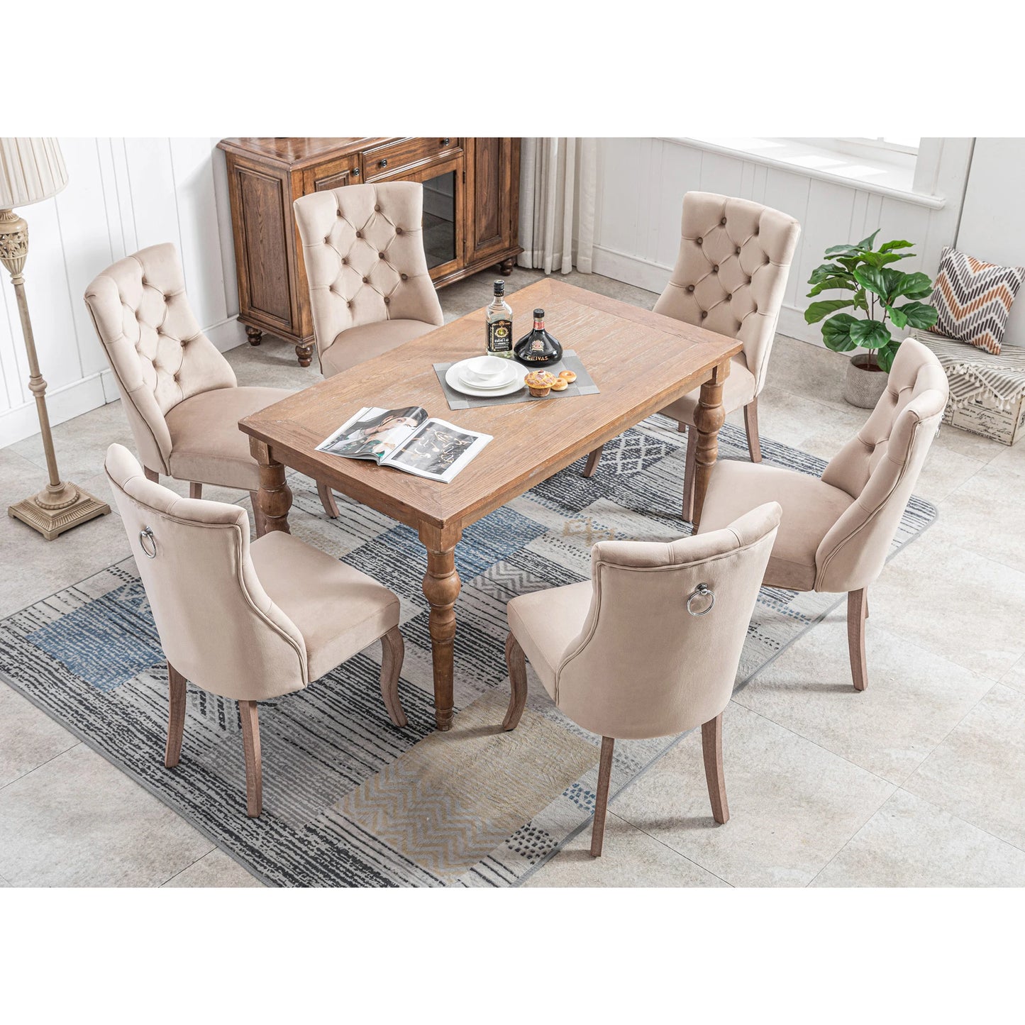 Eetkamerstoel – Fluwelen Stoel – Comfortabele Stoel – Hoge Rugleuning – Massief Rubberhout – Draagvermogen 150 Kg – Zachte Schuimlaag - 6 Stuks - Beige