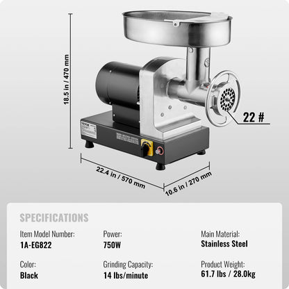 Elektrische Vleesmolen – Vleesmolen – Worstmaker – Keukenmachine – 600W Motor – Roestvrij Staal - 14 Pond - 22 Maat