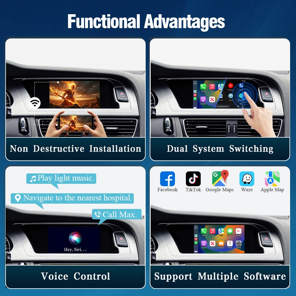 Draadloze CarPlay Adapter – Multimedia Interface – Android Auto Module – Smartphone Koppeling – Wireless Mirror Link – Compatibel Audi MMI 3G (2009-2018) – Plug-and-Play Installatie – AirPlay Streaming - QUORE