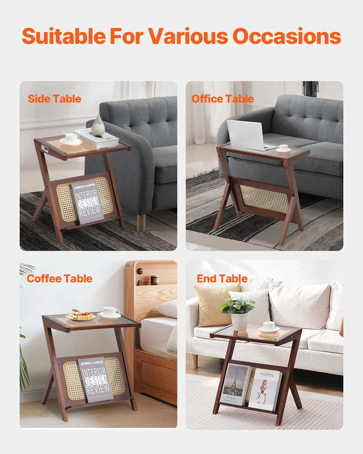 Koffietafel - Table - Coffe table - Living Room Table - Rotan Salontafel - Z-vormig - 47in - Rotan Geweven Bamboe Salontafel - met Gehard Glazen blad - voor Woonkamer Slaapkamer