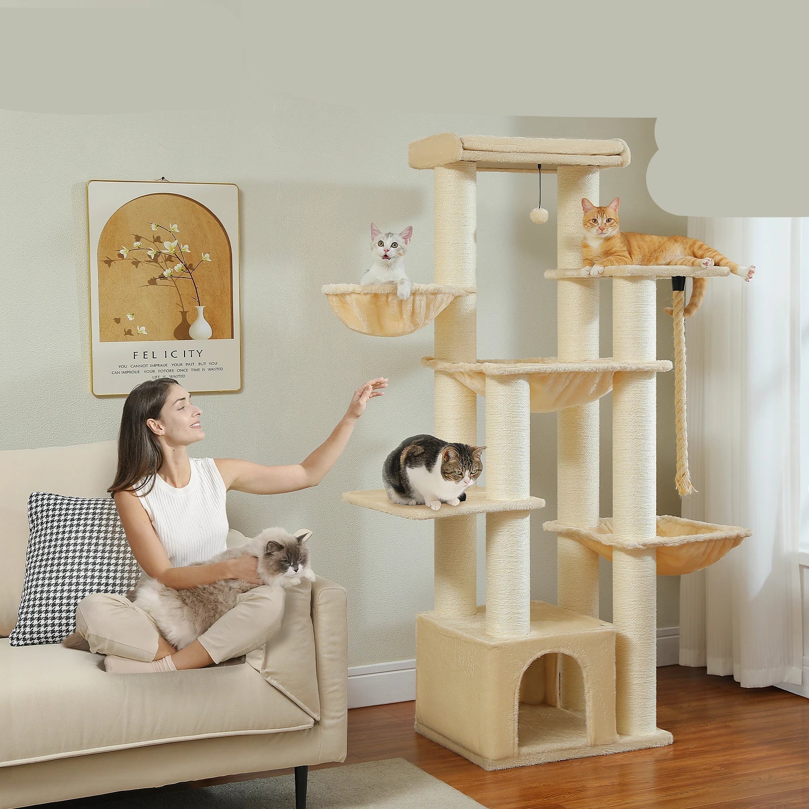 Krabpaal - Kattenkrabpaal - Krabton - Kattenboom - Krabpalen - Kattenhuis - met Meerdere Verdiepingen, Hangmat en 11 Sisalpalen - Ideaal voor Grote Katten - Beige - QUORE