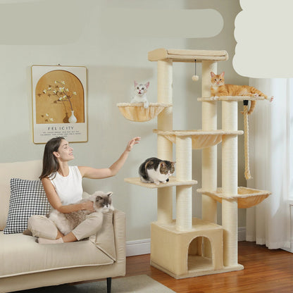 Krabpaal - Kattenkrabpaal - Krabton - Kattenboom - Krabpalen - Kattenhuis - Robuuste Klimtoren met Meerdere Verdiepingen - 11 Sisalpalen en Extra Grote Ligplateaus - met Hangmat - Lichtroze