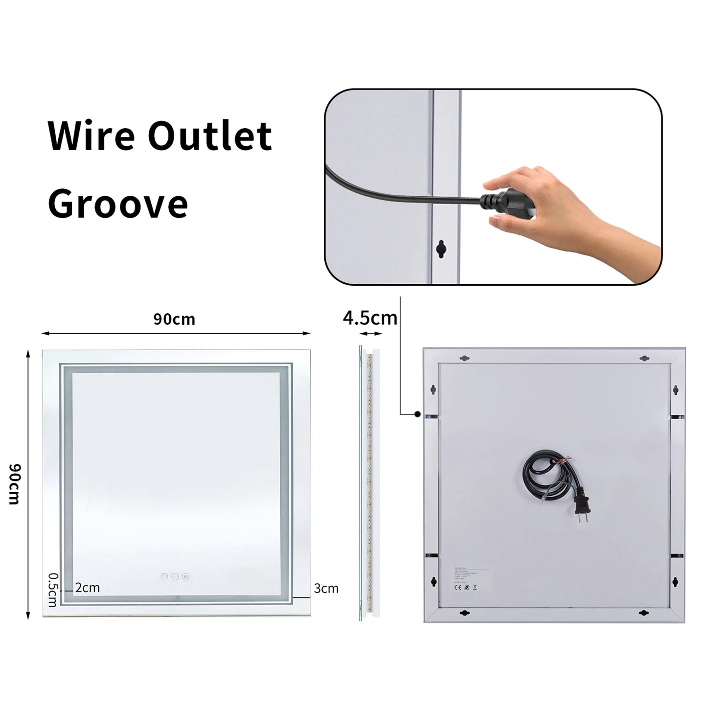 Spiegel - Badkamerspiegel - Make-upspiegel - Vierkant Spiegel - met Dimbare Verlichte - 3 Kleuren - Aanraaksensor - Voorruitverluchting - IP65 Waterdichte - 110-240V - 90 x 90 cm