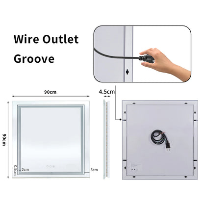 Spiegel - Badkamerspiegel - Make-upspiegel - Vierkant Spiegel - met Dimbare Verlichte - 3 Kleuren - Aanraaksensor - Voorruitverluchting - IP65 Waterdichte - 110-240V - 90 x 90 cm