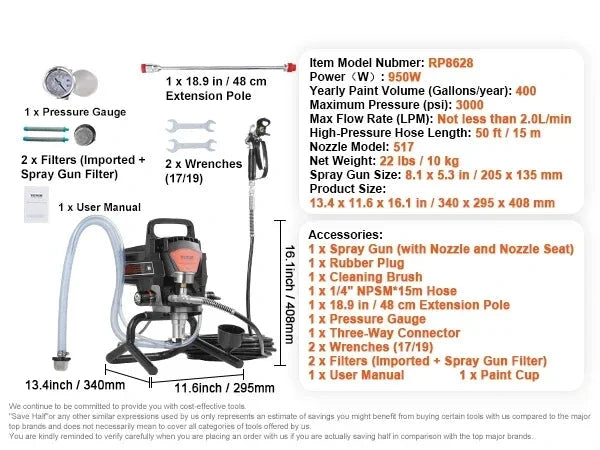 Airless Verfspuit - Verfspuiten Electrisch - Verfspuitmachine - 950W - 15 meter - 3000 PSI Hogedruk - Instelbare Snelheid - met Verlengstok - Verfspuit - voor Muren - Meubels - en Plafonds