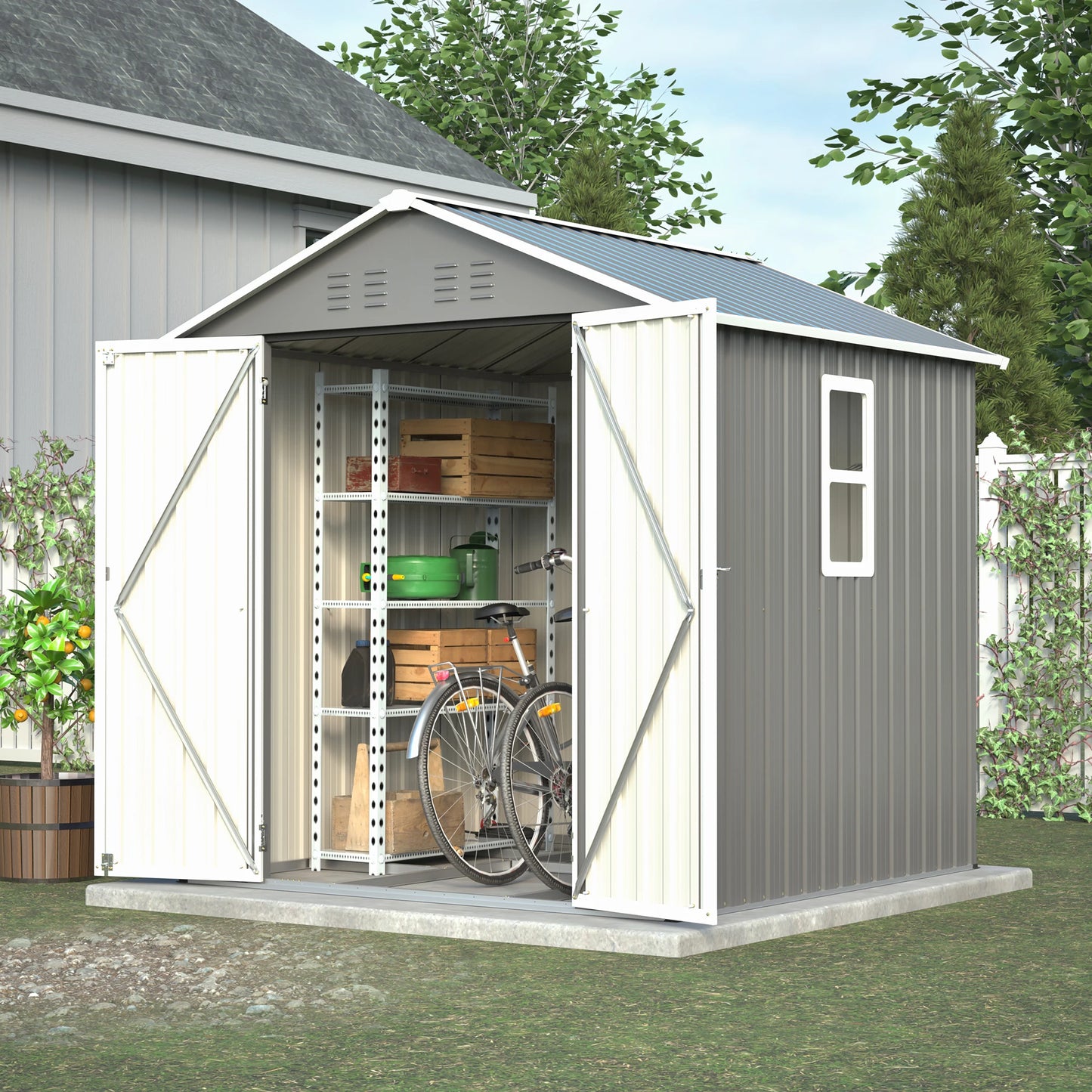 Metalen Tuinschuur – Tuinberging – Tuinhuis – Berging – Tuinkast – Grijs – Dubbel Waterdicht Dak – Ventilatie & Raam – 184,8x182x191,1 cm – Stevige Basis