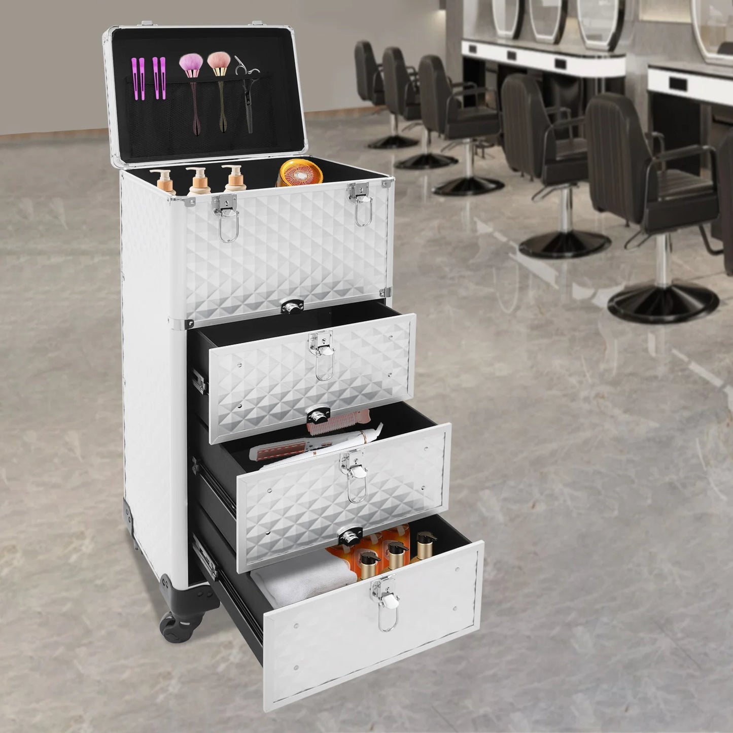 Salon Trolley – Make-up Trolley – Beauty Trolley – Opbergwagen – Kist Met Lades – Zilver – Duurzaam Aluminium – 3 Lades Met Slot