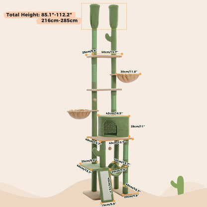 Kattenboom – Krabpaal - Katten Klimmuur - Kattenmeubel - met Hangmatten en Huisjes - Verstelbare Hoogte - 216-285cm - Sisal Krabpalen - Groen