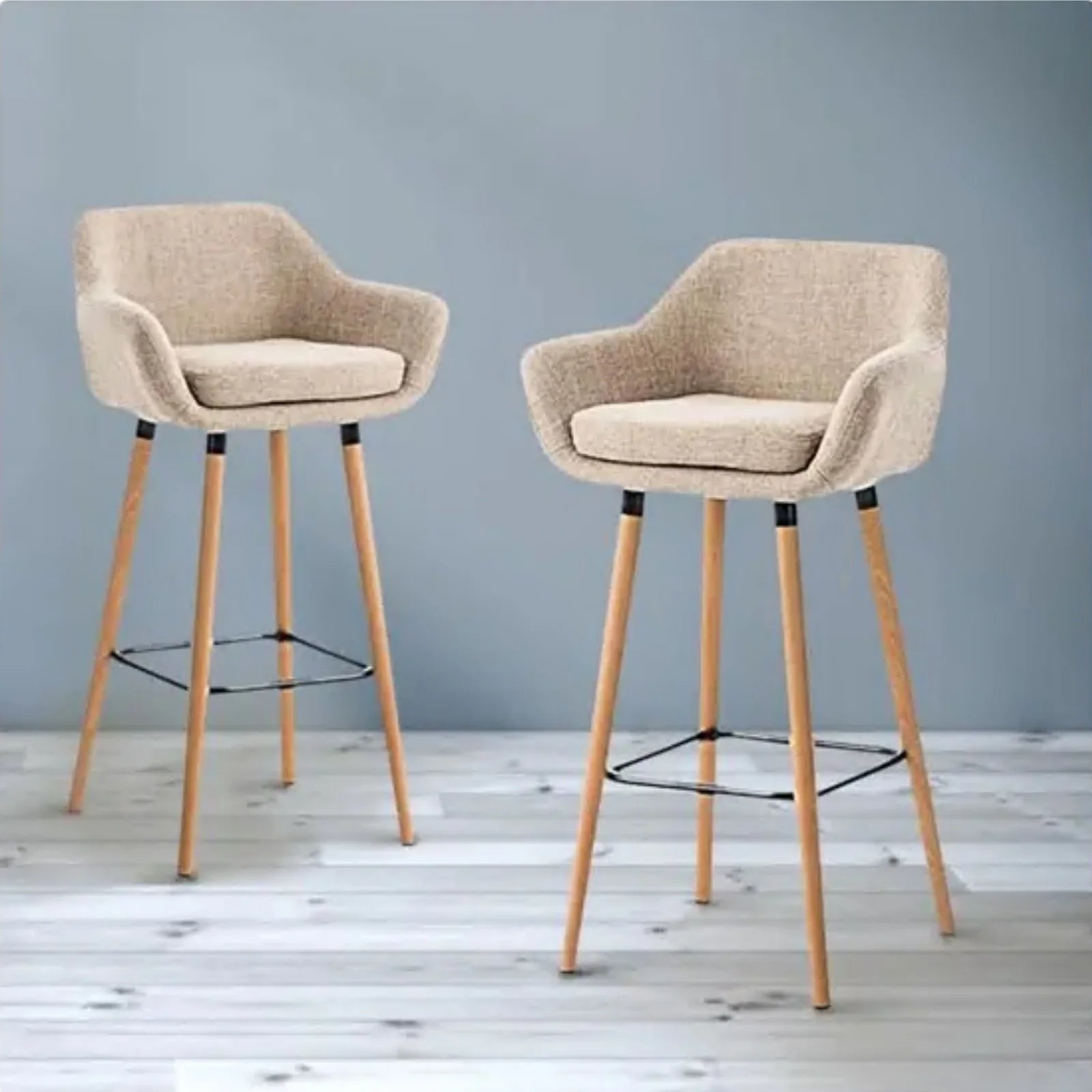 Set of 2 Bar Stools, with Backrest and Footrest, High and Padded Chair, Linen Surface, Solid Wood Legs, in Quilted Fabric - QUORE