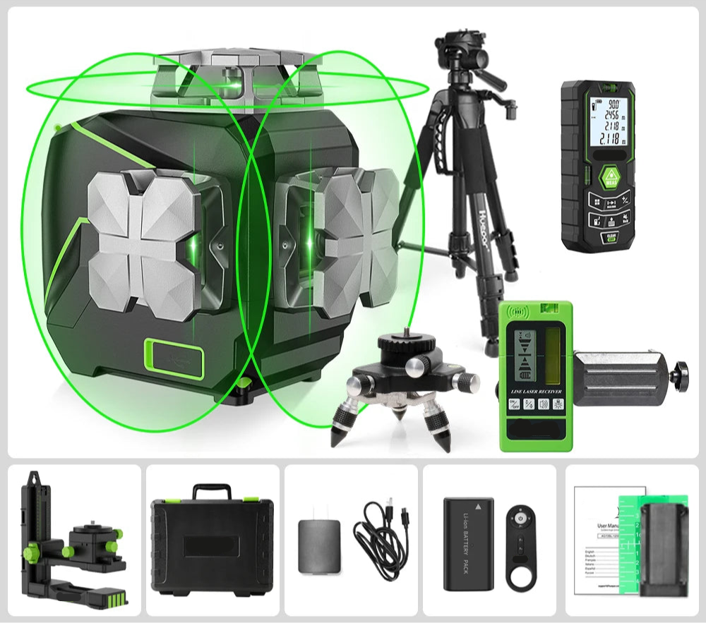 3D Cross Line Laser Waterpas – Zelfnivellerende Laserwaterpas – Groen Laserniveau – Bouwlaser – Bluetooth Connectiviteit – IP54 Bescherming - met Ontvanger - Statief - Adapter - Afstandsmeter