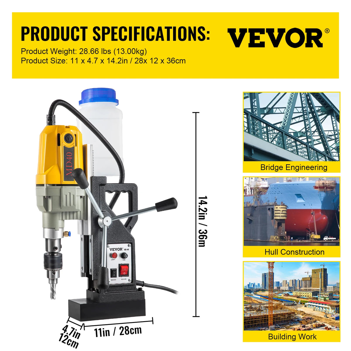 Drill Machine - Magnetic Core Drill Machine - Magnetic Drill Machine - Electric Magnetic Drill Machine - 1100W 1.57” Bore Diameter, 2697lbf/12000N Portable Electric - with 12 Bits, 580RPM Max Speed