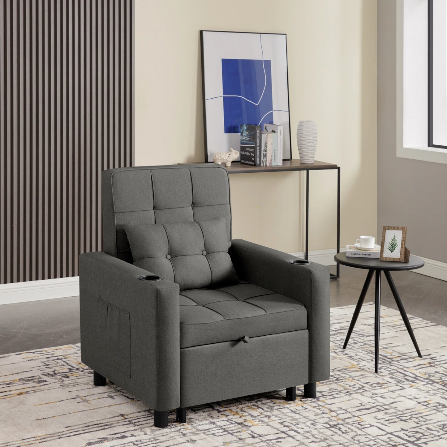 4 in 1 - Slaapbank - Slaapstoel - Logeerbed - Klapstoel - met Verstelbaar Rugleuningkussen - Fauteuil Stoel - voor Appartement - Woonkamer - Linnen - Donkergrijs