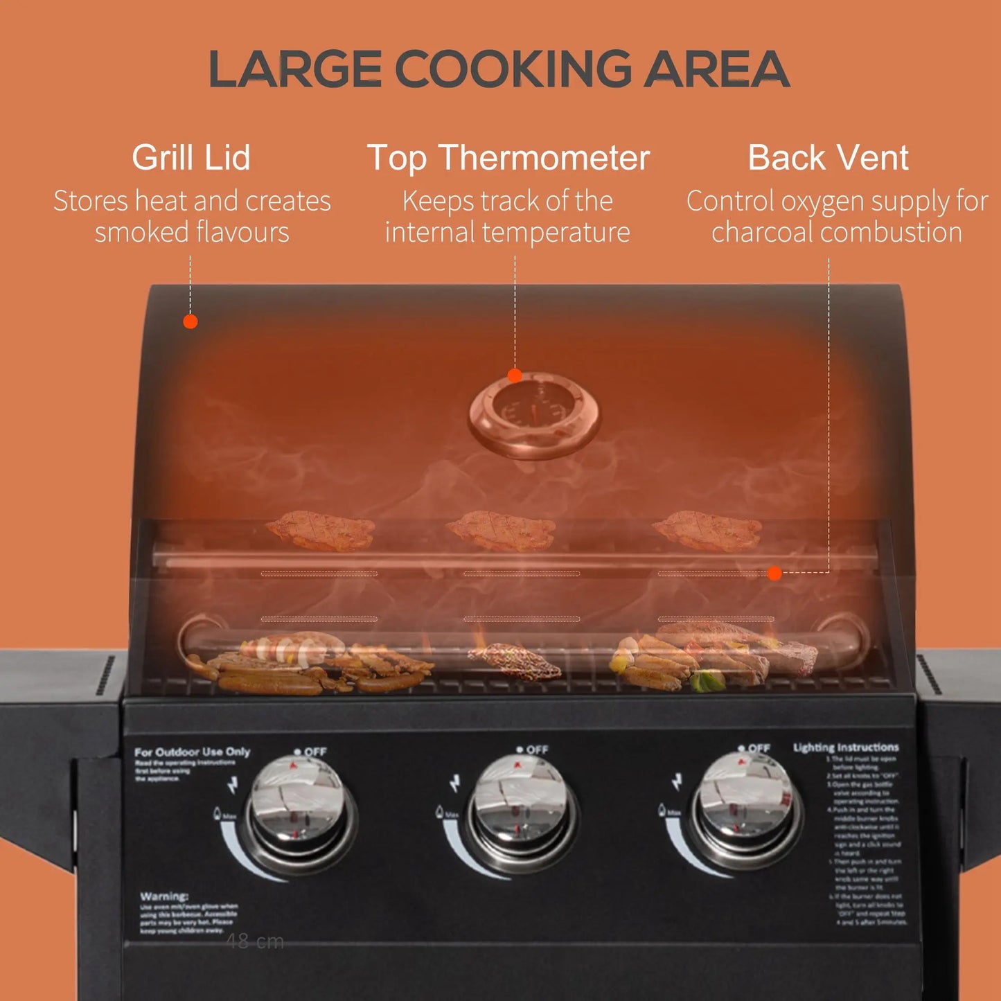 Gasbarbecue – Buitenbarbecue – Grill – Barbecuewagen – Compact – 3 Krachtige Branders – 41x24 Cm Grilloppervlak - QUORE