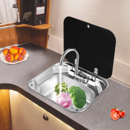 Campingwasbak – Opbouw Spoelbak – Inbouw Wastafel – Mobiele Afwasbak – Buitenkeuken Wasbak – Compact Formaat – RVS Met Glazen Deksel