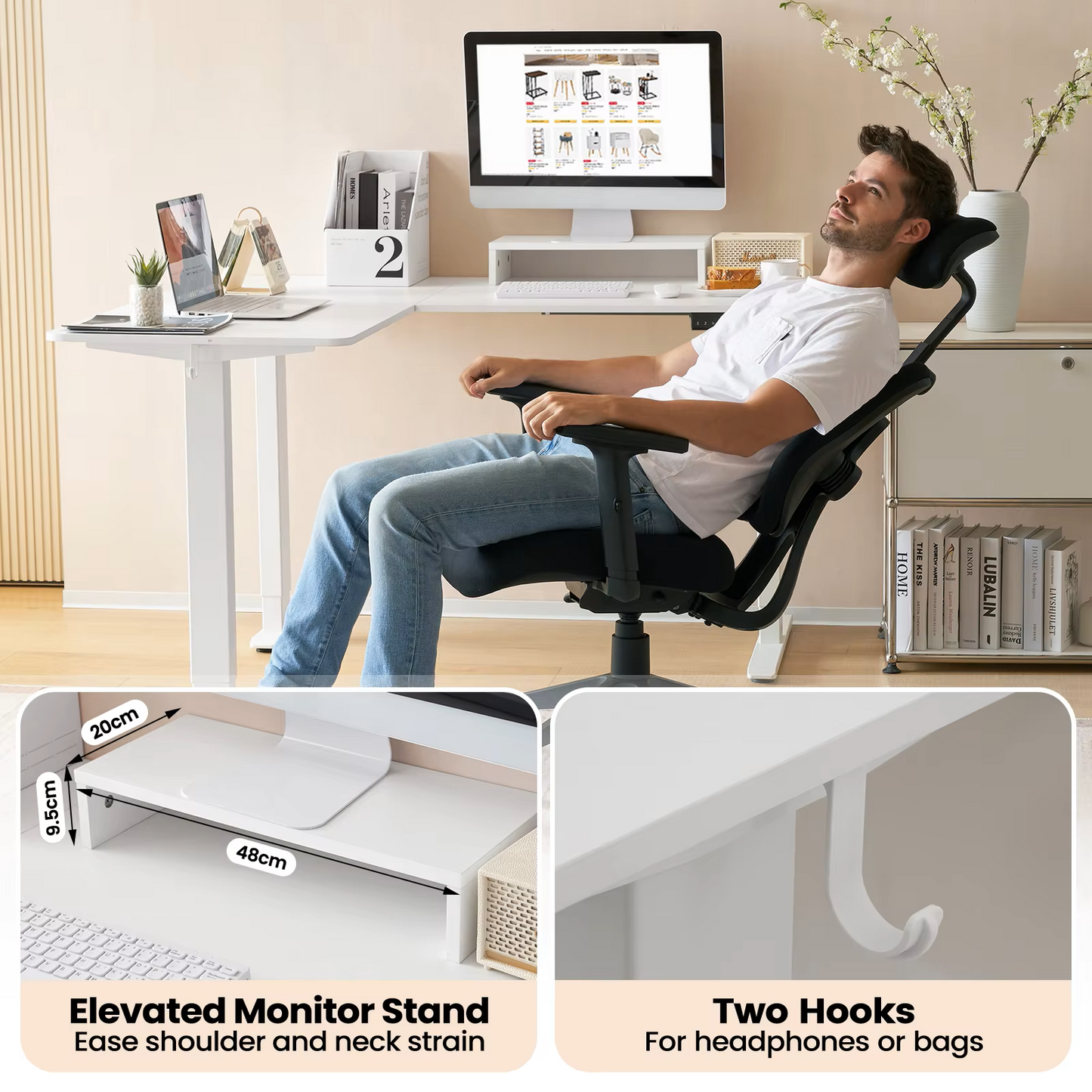 Elektrisch Sta-bureau - Hefbureau - Hoektafel - Monitorstandaard - L-vormig - Verstelbaar - met USB-oplaadpoort - 4 Geheugenregelaars - voor Thuiskantoor -  25 mm/s - 50dB - Wit
