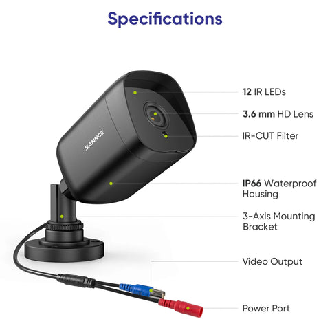 Sannce - DT81BF-CR1CP - Beveiligingscamerasysteem - 5MP - Openlucht - Bewakingscamera - Beveiligingscamera - Beveiligingscamerasysteem - 4 stuk - NTSC,PAL - Zwart