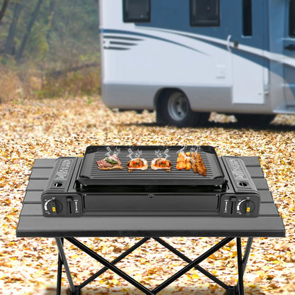 Tafel BBQ Gas – Camping Kooktoestel 2 Pitten – Draagbare Gasbrander met Draagkoffer – Verwijderbare Bakplaat – 64x28cm – Zwart