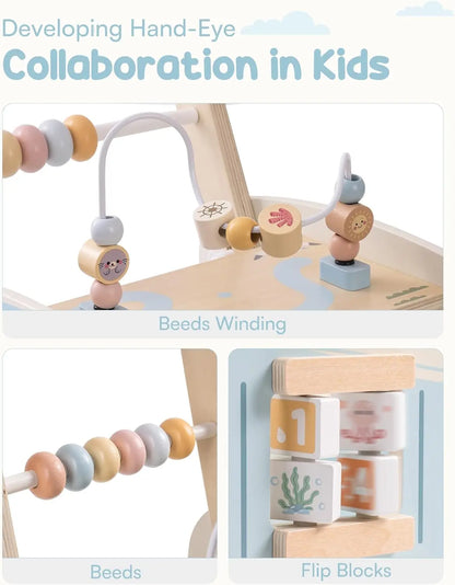 Loopstoel - Loopstoeltje - Loopwagen - Multifunctionele - Houten Wandelaar in Busstijl - voor 1-6 jaar oud - 44 x 33 x 18 cm - Hout & Blauw