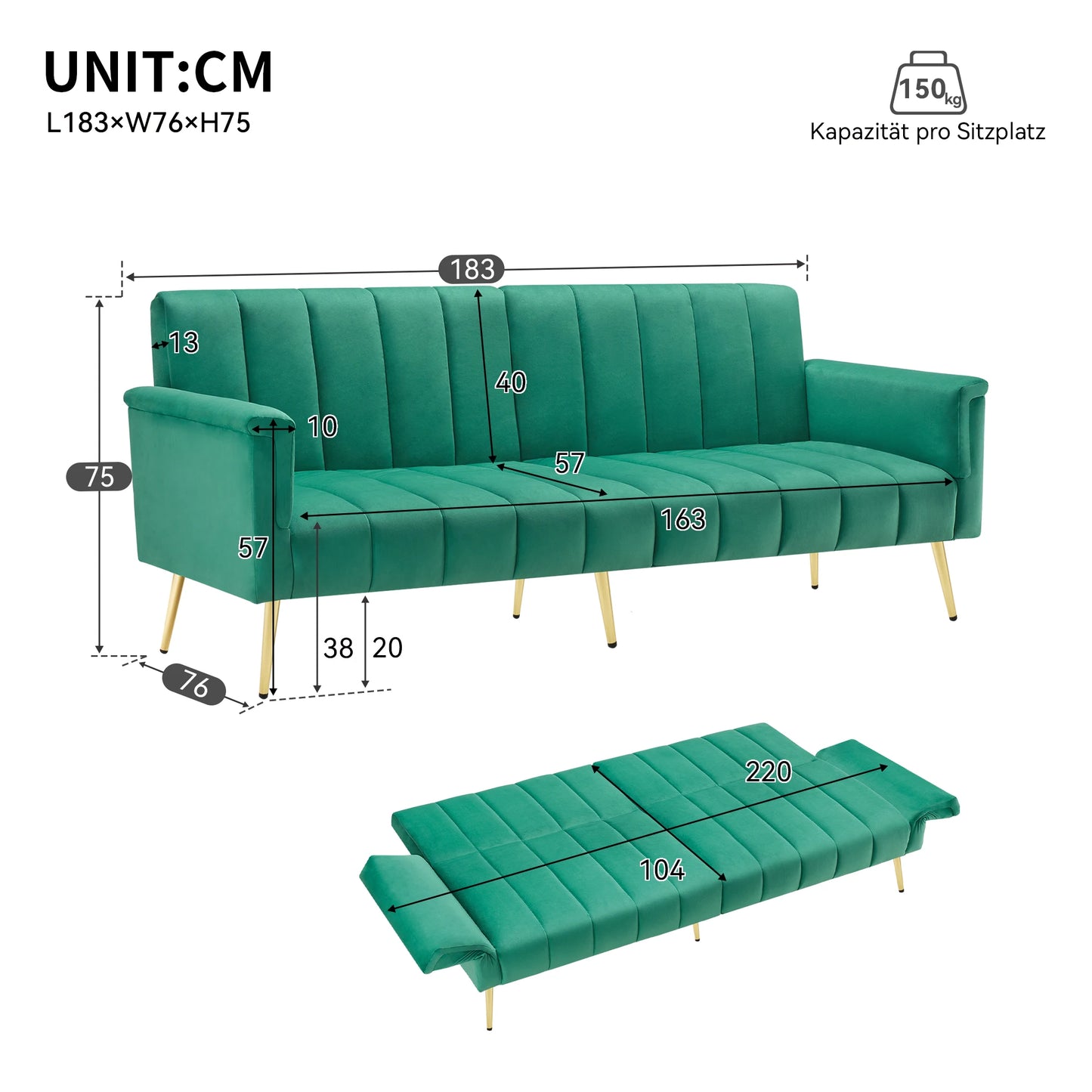 Velvet Slaapbank – Velours Bank – Vouwbed – Slaapbank Sofa – Zitbank – Verstelbare Rugleuning – Uitklapbaar Tot Bed 220x104 cm