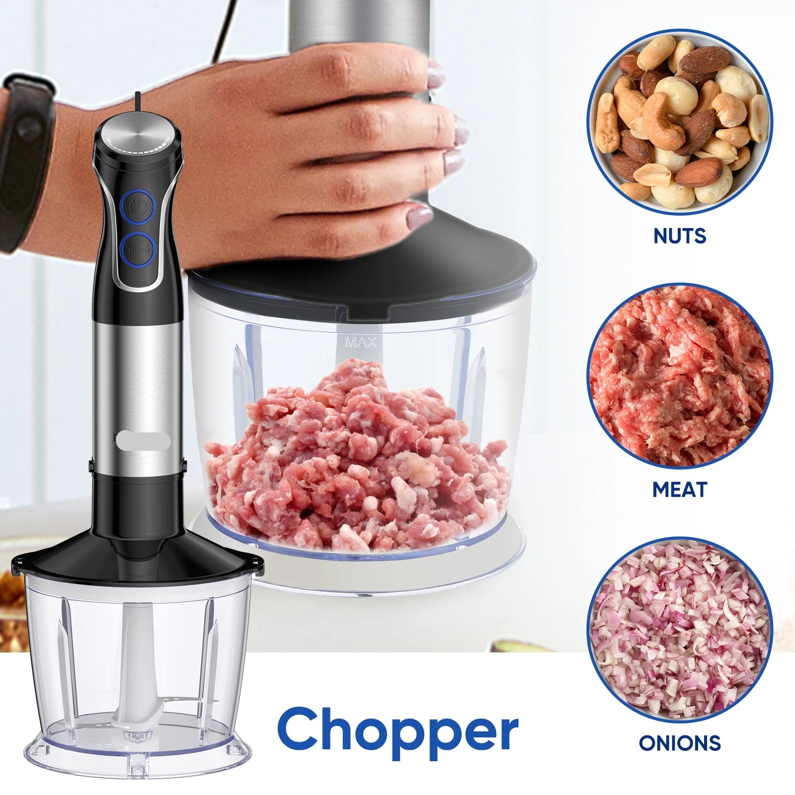Staafmixer - 1500W - Handblender - Blender - 5-in-1 Functionaliteit - RVS Messen - Traploze Snelheid - Inclusief Hakmolen - RVS 4-blads Messen - Foodprocessor - QUORE