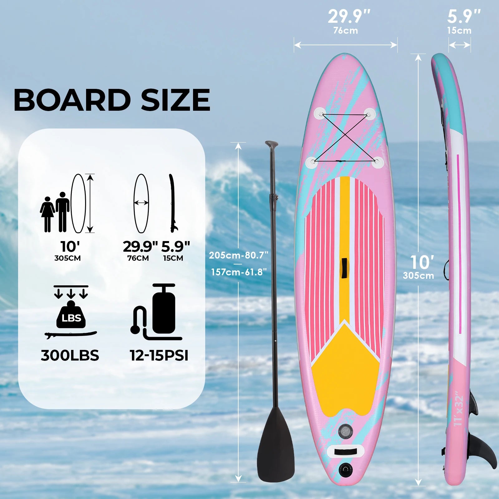 Opblaasbaar Stand Up Paddle Board – SUP Board – Paddleboard – Inflatable SUP – Supplank – Anti-slip EVA Dek – Inclusief Aluminium Peddel & Draagtas 305x77x15,5 cm – Max 105 kg - Roze - QUORE