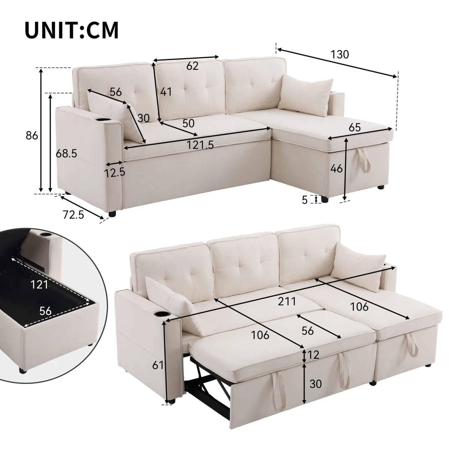 L-vormige Slaapbank – Hoekbank – Bedbank – Slaapbank Met Opbergruimte – 211x130 Cm – Katoen-Linnen Stof – Houten Basis