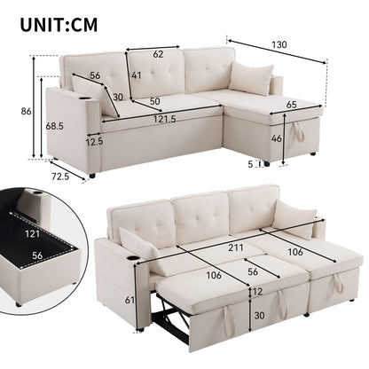 L-vormige Slaapbank – Hoekbank – Bedbank – Slaapbank Met Opbergruimte – 211x130 Cm – Katoen-Linnen Stof – Houten Basis