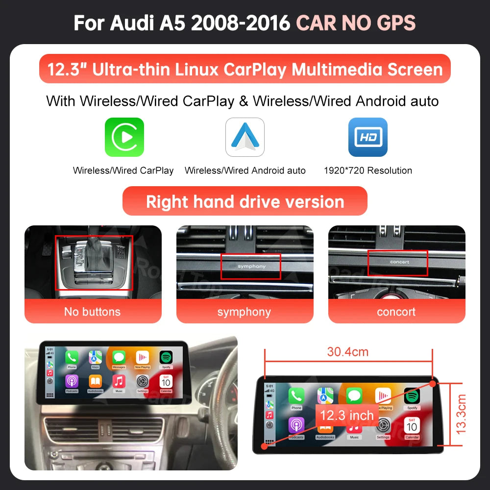 8.9'' 12.3" Car Multimedia Display Linux Screen For Audi A5 S5 2008-2016 With Wireless Carplay Android Auto Airplay Autolink