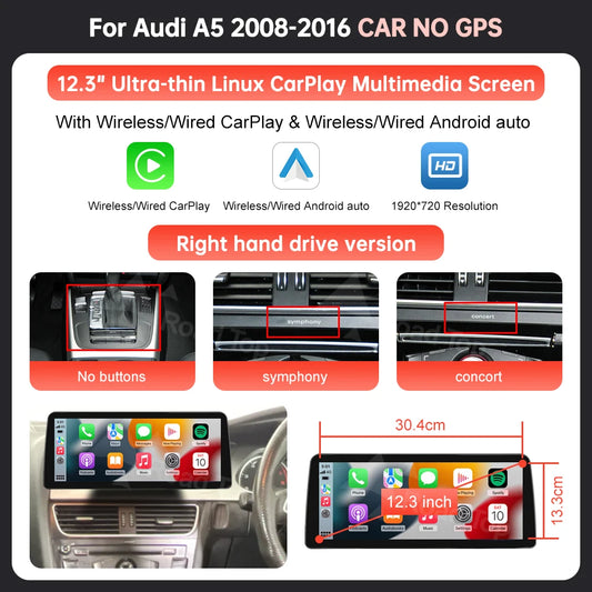 8.9'' 12.3" Car Multimedia Display Linux Screen For Audi A5 S5 2008-2016 With Wireless Carplay Android Auto Airplay Autolink