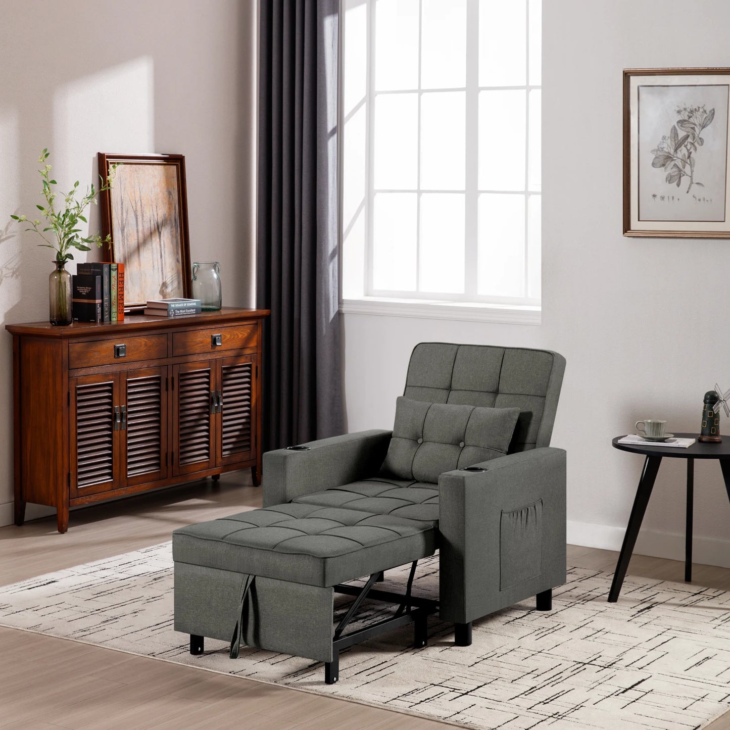 4 in 1 - Slaapbank - Slaapstoel - Logeerbed - Klapstoel - met Verstelbaar Rugleuningkussen - Fauteuil Stoel - voor Appartement - Woonkamer - Linnen - Donkergrijs