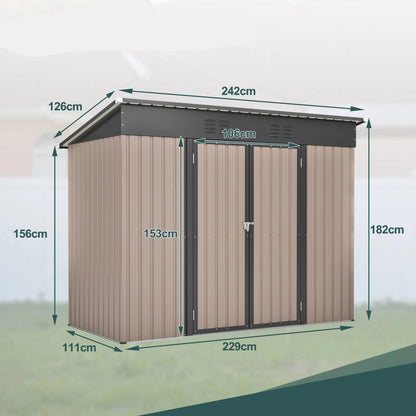 Tool Schuur - Tuinhuis - Buitenkast - Gereedschapsschuur - Gereedschapskast - Opbergruimte - 8x4ft - met Metaal Basis - Tuinschuur - voor Buiten - Terras - en Tuinopslag - Bruin