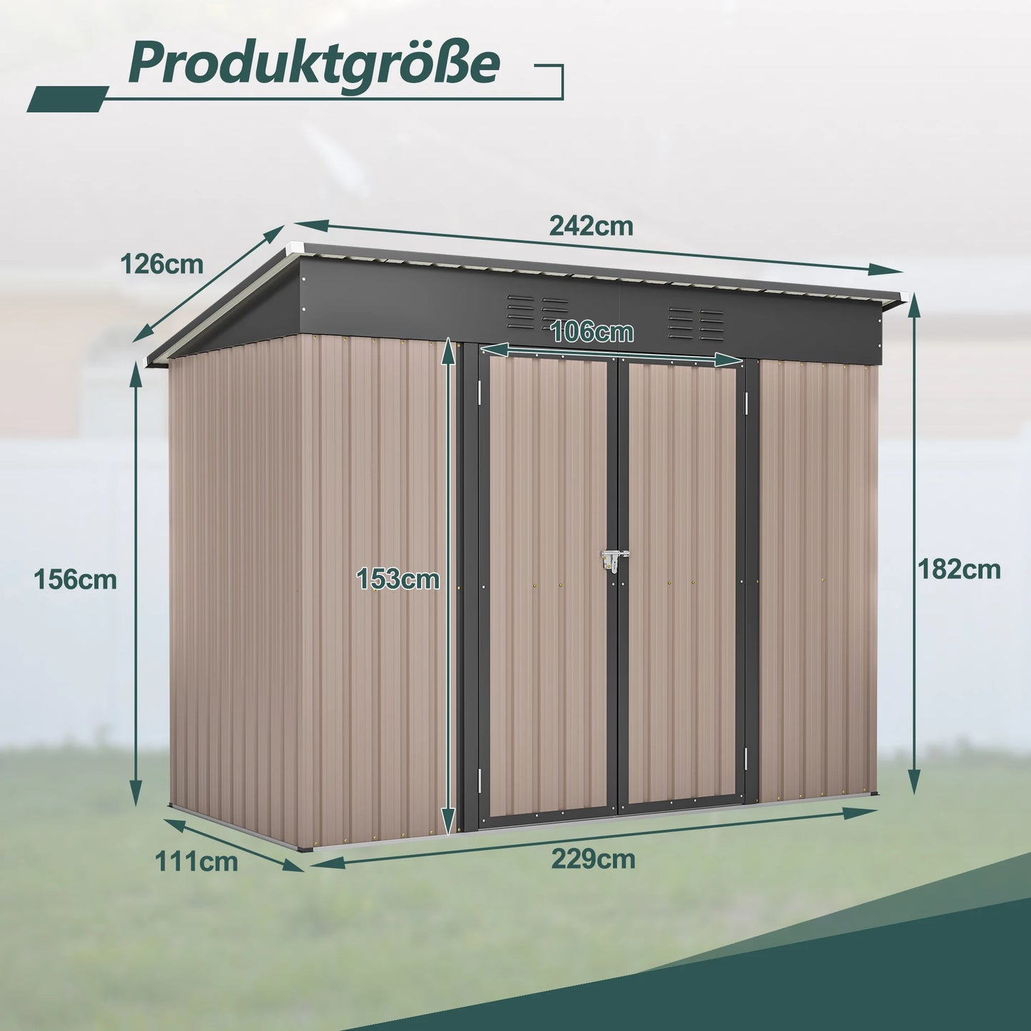 Opbergunit Tuinhuis Berging Tuinkast Tuinberging – 8x4FT – Gegalvaniseerd Staal – Waterdicht & Ventilatie
