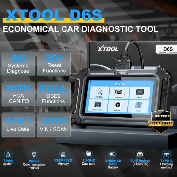 XTOOL D6S- Car Scanner Tool-Diagnosis Scanner- All System Automotive Scanner for All Car 30+ Services Lifetime Free Update Built-in CANFD FCA