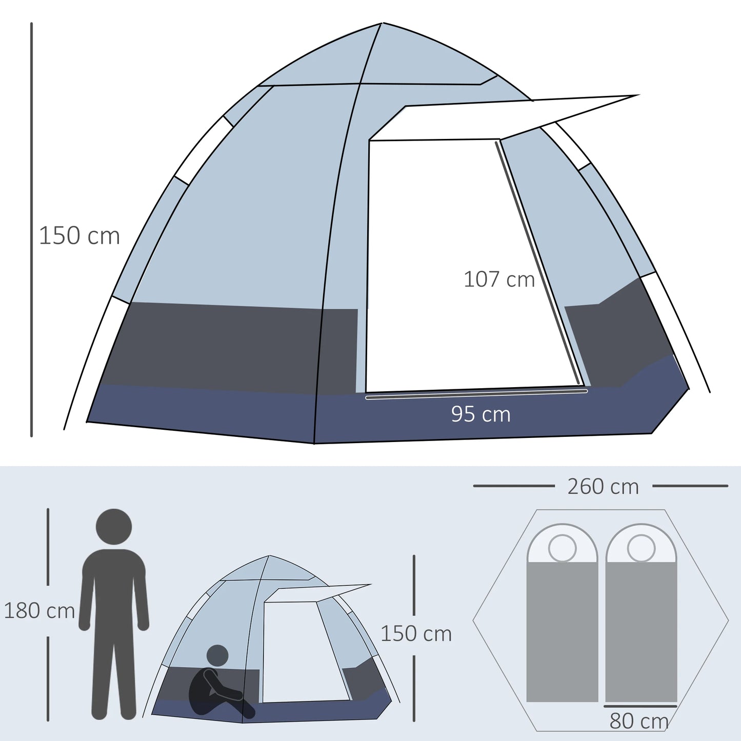 Opvouwbare Tent voor 2-3 Personen - 260x260x150 cm Zwart en Grijs - Waterdicht - UV-Bestendig - Draagtas en Accessoires Inclusief - QUORE