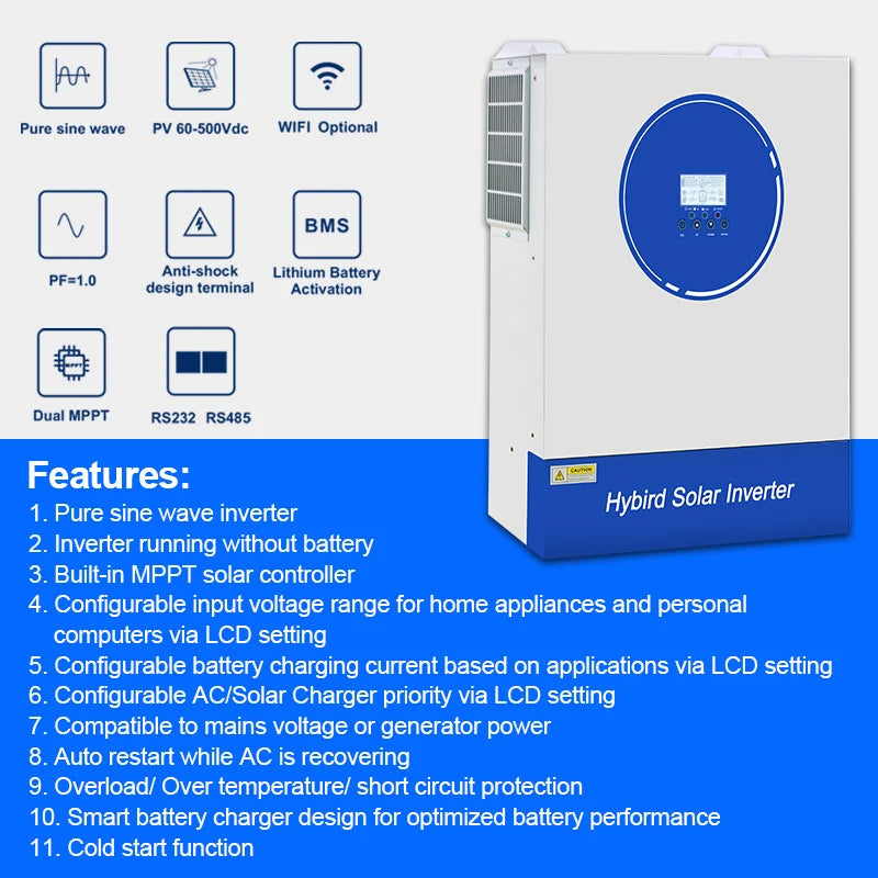 Zonne-omvormer – Hybride Omvormer – Solar Inverter – MPPT Laadregelaar – Zuivere Sinusgolf – 11 kW Vermogen – 160A Batterijlader