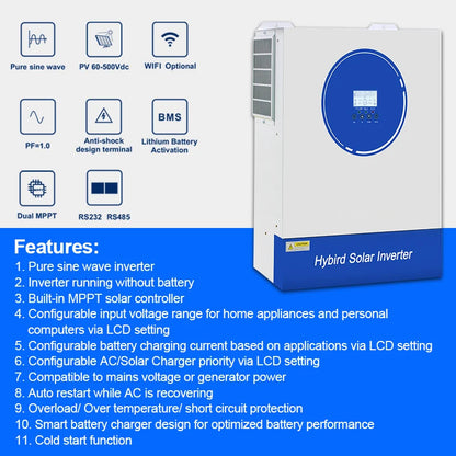 Zonne-omvormer – Hybride Omvormer – Solar Inverter – MPPT Laadregelaar – Zuivere Sinusgolf – 11 kW Vermogen – 160A Batterijlader