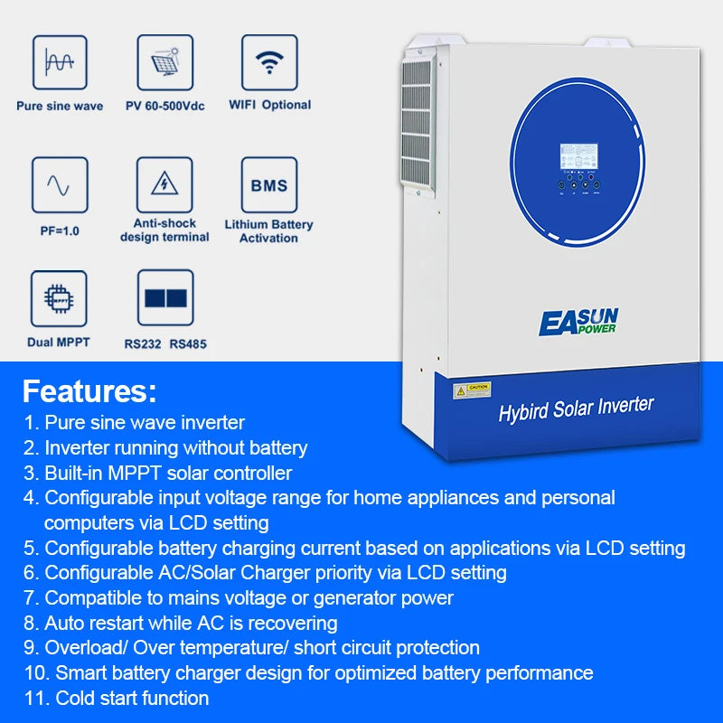 Hybride Solar Omvormer – Zonne-Omvormer – Off-Grid Inverter – Batterijlader – Energie-Converter – Dual Output 33.000W – Pure Sinusgolf Met MPPT & Wifi BMS - QUORE