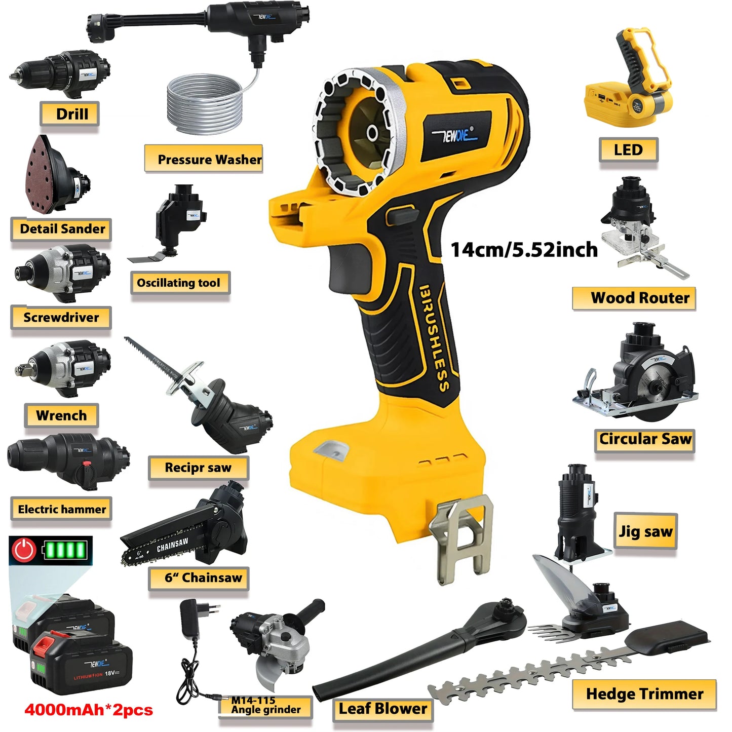 Professional 17-in-1 Brushless Power Tool Kit with 2×18V Lithium Battery Portable tool Case Cordless Power Tool Combo kit W/LED