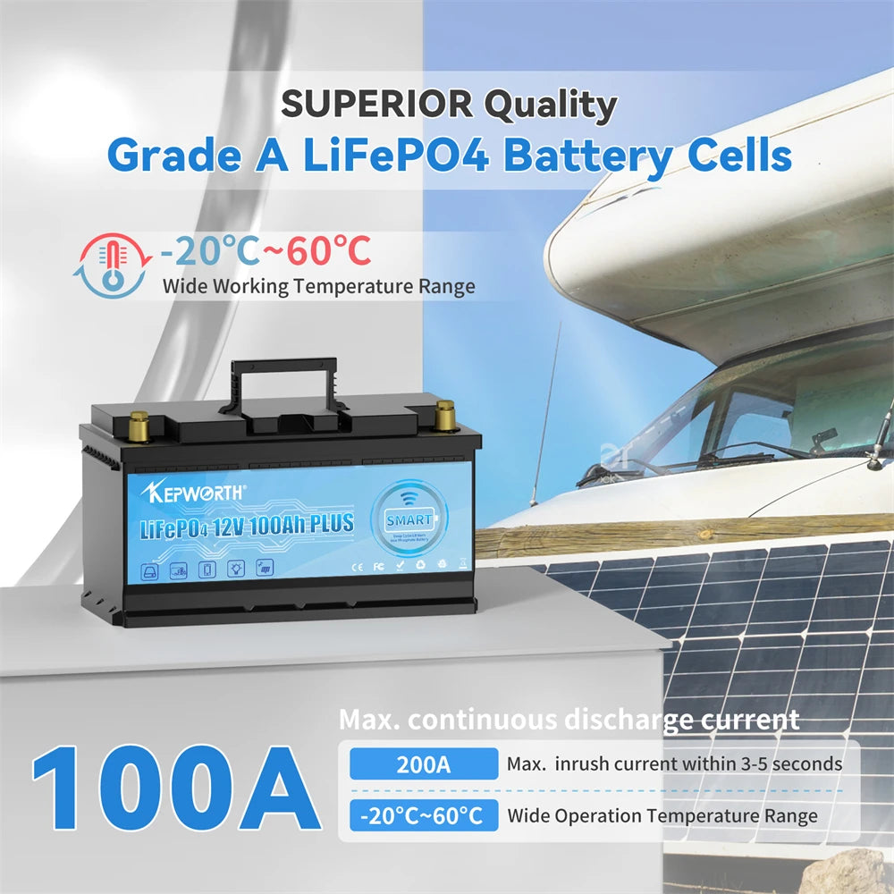 12V 100Ah LiFePO4 Accu – Lithium Accu – Caravan Accu – Boot Accu – Golfkar Accu – Bluetooth BMS – Lichtgewicht & Lange Levensduur - QUORE