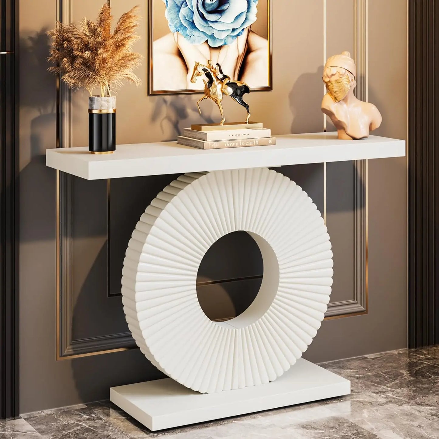 Sidetable – Consoletafel – Haltafel – Accenttafel – Salontafel – Modern Geometrisch Metaal Onderstel – Warm Houten Tafelblad 120x30 cm
